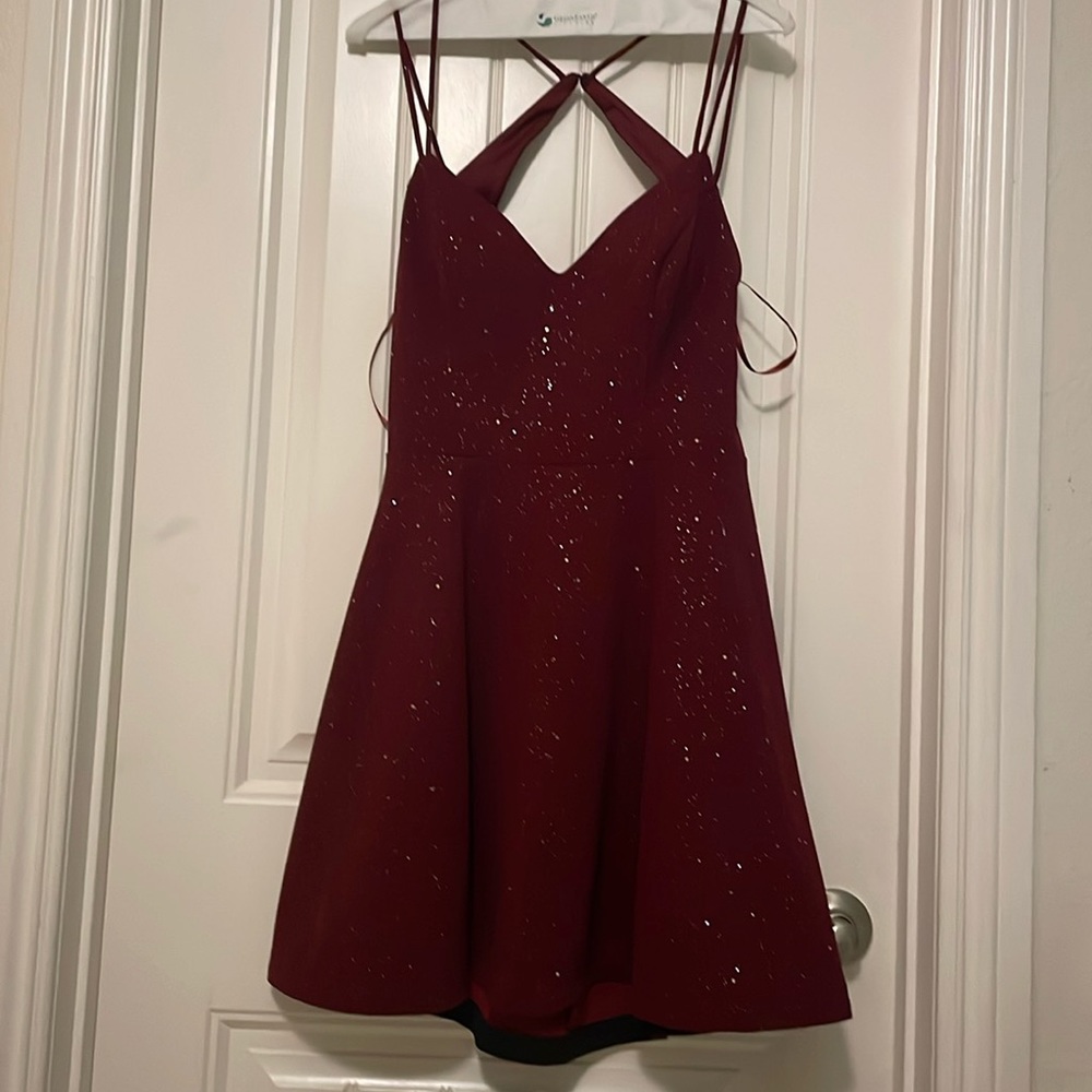 Short Deep Red Homecoming Dress with Gold Flakes